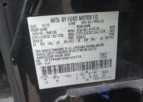 2013 Ford F-250 Lariat z USA, uszkodzony, nr VIN 1FT7W2BT6DEA02733